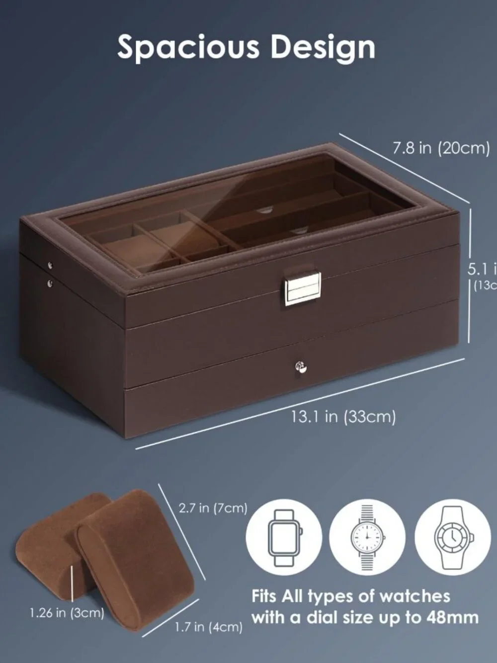 6-Slot Watch Jewelry Box Organizer with Glass Lid, Men's Storage Case & Lock